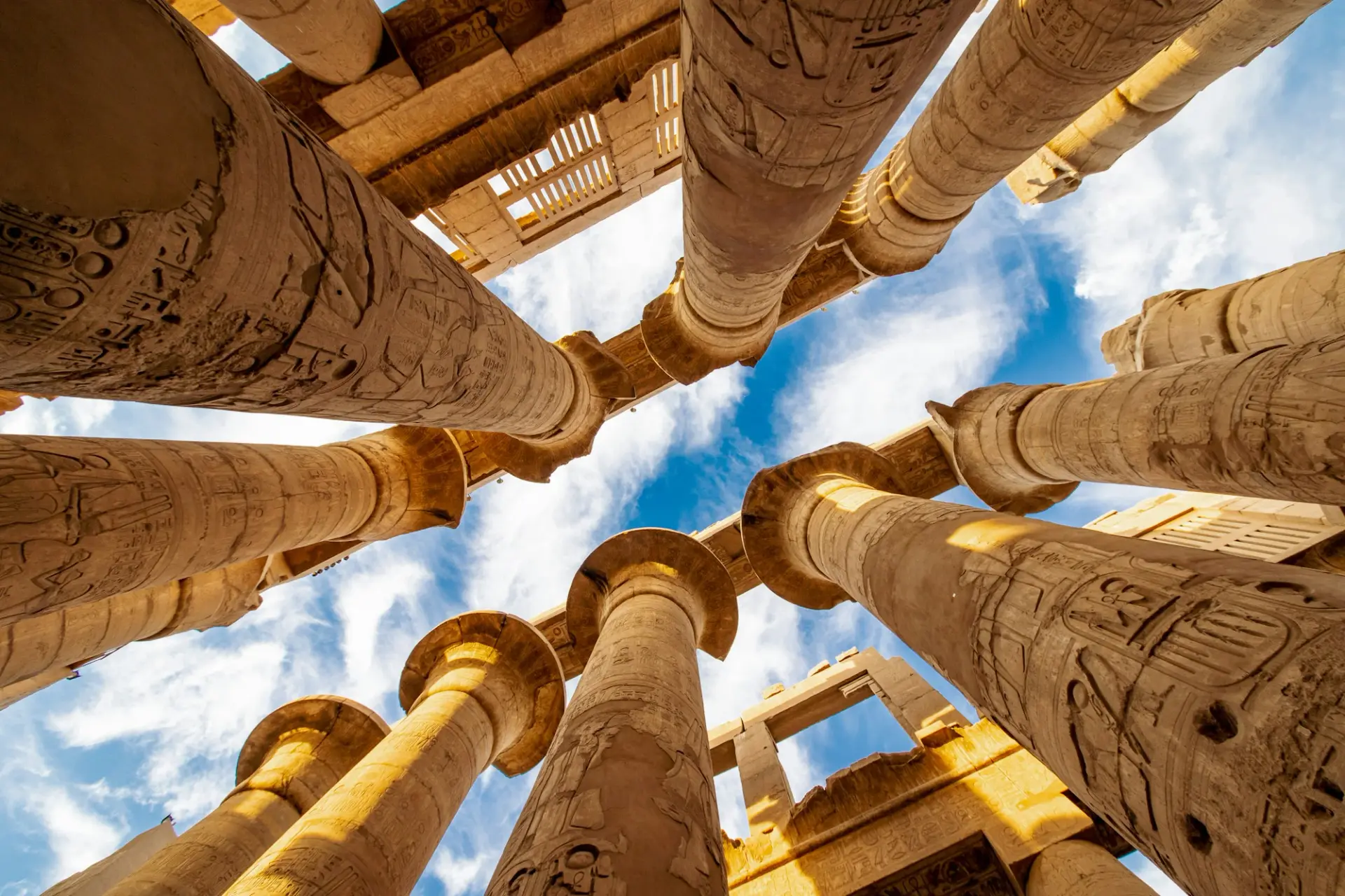Towering columns of the Great Hypostyle Hall at Karnak Temple in Luxor